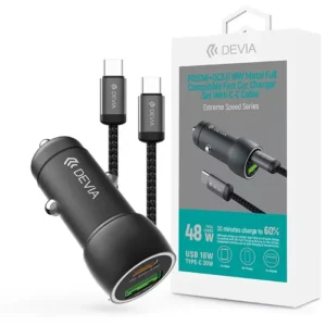 Devia Extreme Speed Series 30W PD+QC USB+Type-C autós töltő adapter+Type-C/Type-C kábel 1m - fekete